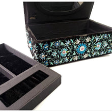 Load image into Gallery viewer, Embroidered black velvet jewelry storage box , interior view. 
