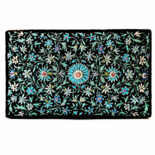 Load image into Gallery viewer, Luxury black velvet and blue embroidered jewelry storage box with semi precious gemstones.