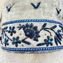 Load image into Gallery viewer, Luxury hand embroidered gray velvet bag with bead work , close up view.