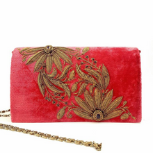 Load image into Gallery viewer, Peachy pink red velvet clutch bag embroidered with copper metallic threads and embellished with amethyst and garnets. Zardozi purse.
