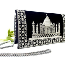 Load image into Gallery viewer, Luxury hand embroidered black velvet evening clutch bag with Taj Mahal, side view. 
