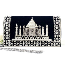 Load image into Gallery viewer, Luxury black velvet evening clutch bag embroidered with white silver Taj Mahal with white silver floral border, silver and black zardozi purse.