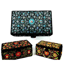 Load image into Gallery viewer, Three luxury black velvet jewelry storage box hand embroidered with blue, red or orange flowers embellished with rubies., zardozi boxes. 
