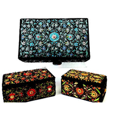 Load image into Gallery viewer, Three luxury black velvet jewelry storage box hand embroidered with blue, red or orange flowers embellished with rubies., zardozi boxes.