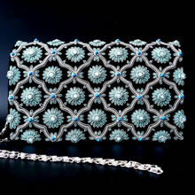 Load image into Gallery viewer, Luxury black velvet evening clutch bag embroidered with silver cloverleaf pattern and turquoise blue flowers and embellished with moonstones and turquoise stones, formal purse, black and silver and blue zardozi purse.