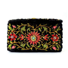 Load image into Gallery viewer, Luxury black velvet keepsake box embroidered with red flowers and semi precious gemstones, end view.