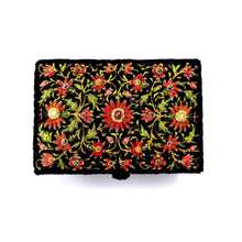 Load image into Gallery viewer, Luxury black velvet jewelry storage box embroidered with red flowers and semi precious gemstones and ruby, zardozi box.