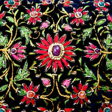 Load image into Gallery viewer, Hand embroidered black velvet and red floral zardozi box with ruby, close up view. 
