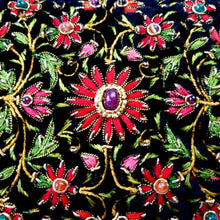 Load image into Gallery viewer, Hand embroidered black velvet and red floral zardozi box with ruby, close up view.