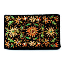 Load image into Gallery viewer, Vintage inspired small black velvet jewelry box embroidered on all four sides and top.