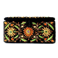 Load image into Gallery viewer, Luxury black velvet jewelry storage box embroidered with orange flowers and star ruby, zardozi box.