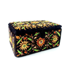 Load image into Gallery viewer, Luxury black velvet and orange floral trinket box, embroidered in silk on velvet.