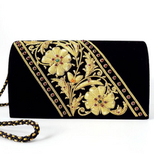 Load image into Gallery viewer, Luxury black and gold floral evening clutch bag
