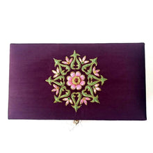 Load image into Gallery viewer, Luxury purple silk keepsake storage box, embroidered with floral design and ruby. 
