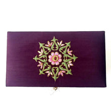Load image into Gallery viewer, Luxury purple silk keepsake storage box, embroidered with floral design and ruby.