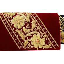 Load image into Gallery viewer, Luxury burgundy red velvet evening  clutch bag embroidered with two large gold flowers on  the bias, and embellished with genuine gemstones, floral wedding clutch, red and gold zardozi purse.