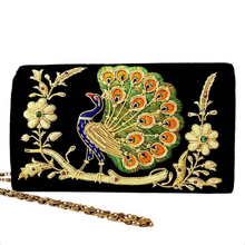 Load image into Gallery viewer, Peacock Embroidered Velvet Clutch Bag, Side View