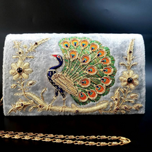 Load image into Gallery viewer, Peacock Embroidered Velvet Clutch Bag, Side View
