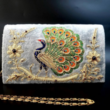 Load image into Gallery viewer, Peacock Embroidered Velvet Clutch Bag, Side View