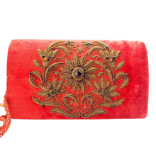 Load image into Gallery viewer, Luxury salmon red velvet evening clutch bag embroidered with large central floral wreath in antique gold color and embellished with genuine gemstones, floral wedding clutch, black and gold zardozi purse.
