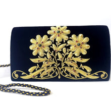 Load image into Gallery viewer, Luxury black velvet evening clutch bag embroidered with three gold daisy flowers and embellished with genuine gemstones, floral wedding clutch, black and gold zardozi purse.