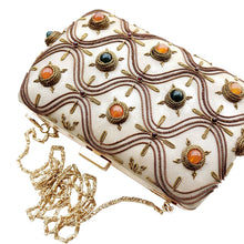 Load image into Gallery viewer, Designer gold box clutch embroidered with copper and embellished with jade and carnelian gemstones.