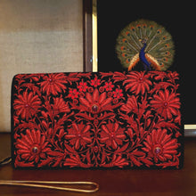 Load image into Gallery viewer, Designer large red metallic evening bag embellished with ruby gemstones, zardozi handbag.
