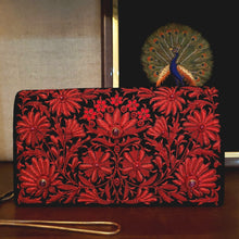 Load image into Gallery viewer, Designer large red metallic evening bag embellished with ruby gemstones, zardozi handbag.