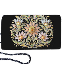 Load image into Gallery viewer, Luxury black velvet evening clutch bag embroidered with large central floral wreath in pastel orange, blue and pink colors and embellished with genuine gemstones, floral wedding clutch, black and multicolor zardozi purse.