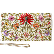 Load image into Gallery viewer, Embroidered Ivory Silk Crossbody Handbag with Emerald and Star Ruby