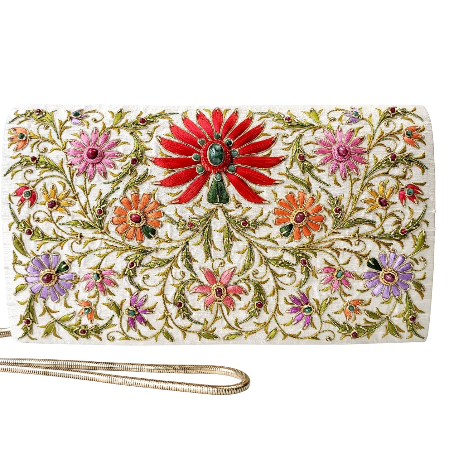 Embroidered Ivory Silk Crossbody Handbag with Emerald and Star Ruby