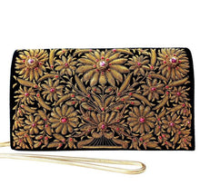 Load image into Gallery viewer, Embroidered black velvet metallic copper evening bag with rubies.