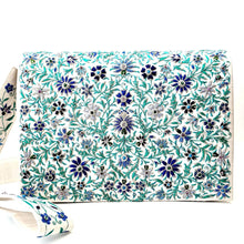 Load image into Gallery viewer, Embroidered blue and gray flowers on ivory silk iPad briefcase with strap BoutiqueByMariam.