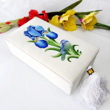 Load image into Gallery viewer, Embroidered blue floral decorative box with blue bird on ivory velvet, side view. 
