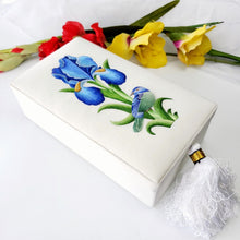Load image into Gallery viewer, Embroidered blue floral decorative box with blue bird on ivory velvet, side view.