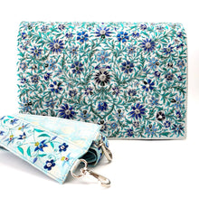 Load image into Gallery viewer, Embroidered blue flowers on white silk iPad case briefcase with strap BoutiqueByMariam.