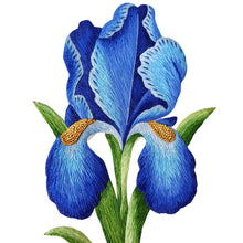 Load image into Gallery viewer, Embroidered blue iris flower, close up view. 
