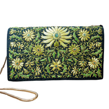 Load image into Gallery viewer, Embroidered chartreuse green silk handbag with emeralds. 
