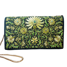 Load image into Gallery viewer, Embroidered chartreuse green silk handbag with emeralds.