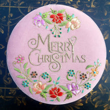 Load image into Gallery viewer, Embroidered dusty rose velvet round gift box with Merry Christmas in gold calligraphy BoutiqueByMariam.