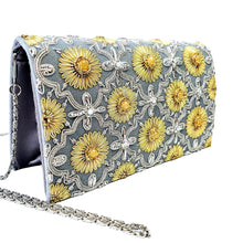 Load image into Gallery viewer, Side view of luxury gray velvet evening clutch bag with embroidered silver arabesque pattern and yellow flowers embellished with genuine citrine gemstones, floral wedding clutch, gold and silver zardozi purse.