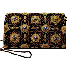 Load image into Gallery viewer, Luxury black velvet evening clutch bag embroidered with geometric pattern of eight sided stars and flowers in antique gold color and embellished with genuine lapis lazuli gemstones, formal clutch, gold and black zardozi purse.