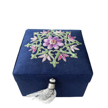 Load image into Gallery viewer, Embroidered navy keepsake box with purple flower BoutiqueByMariam.
