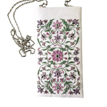 Load image into Gallery viewer, Embroidered pink floral white silk crossbody phone bag, phone sleeve, BoutiqueByMariam.