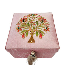 Load image into Gallery viewer, Embroidered pink keepsake box with coral and orange flowers BoutiqueByMariam.