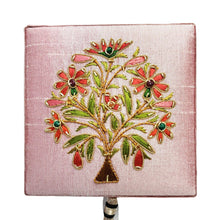 Load image into Gallery viewer, Embroidered pink ring bearer box embroidered with orange and coral flowers BoutiqueByMariam.