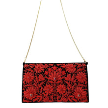 Load image into Gallery viewer, Embroidered red floral clutch bag with gold chain BoutiqueByMariam.
