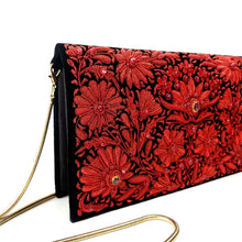 Load image into Gallery viewer, Embroidered red floral clutch bag with rubies, side view, BoutiqueByMariam.