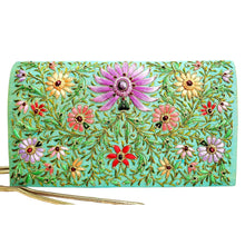 Load image into Gallery viewer, Embroidered teal blue handbag with lotus flower and rubies BoutiqueByMariam.