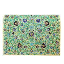 Load image into Gallery viewer, Embroidered turquoise blue floral iPad case briefcase with strap on gold silk BoutiqueByMariam.